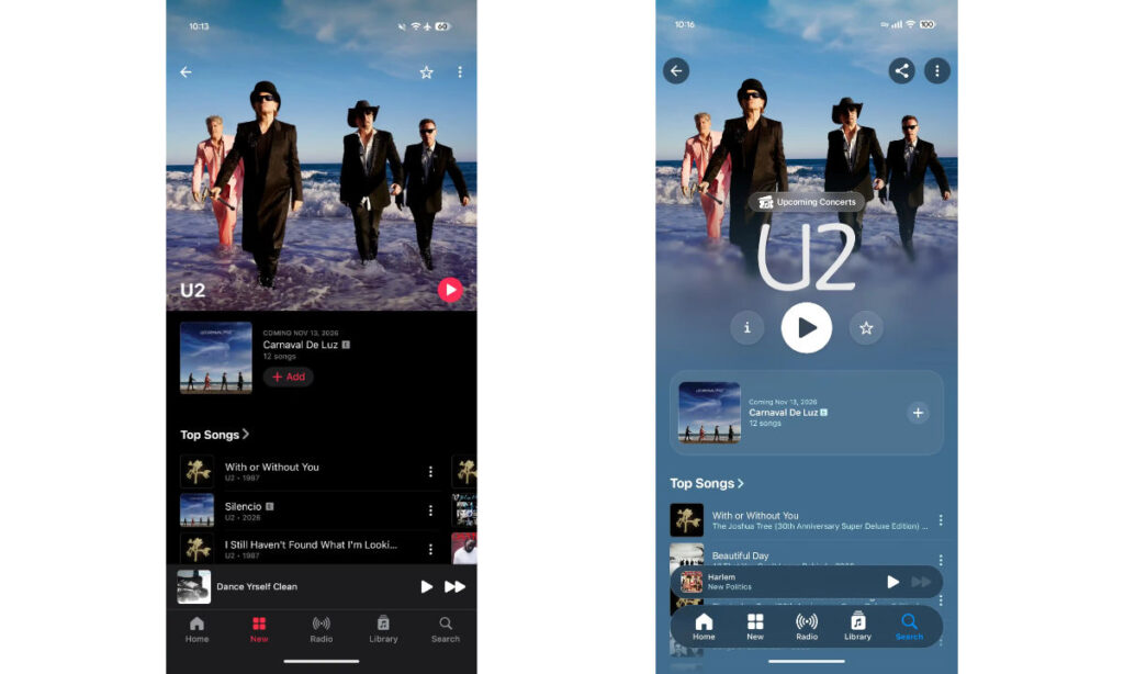 ดีไซน์ใหม่สไตล์ Liquid Glass ของ Apple Music บน Android เทียบกับแบบเก่า